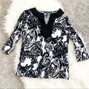 Lauren Ralph Lauren Black & White Paisley Cotton Blouse | M